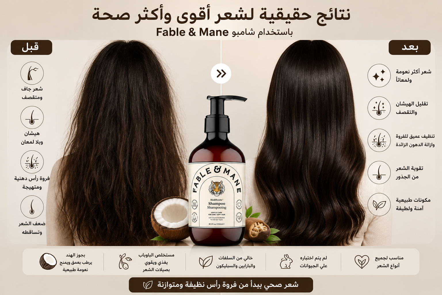 قبل وبعد FABLE & MANE HoliRoots Hydrating Shampoo, 250ml