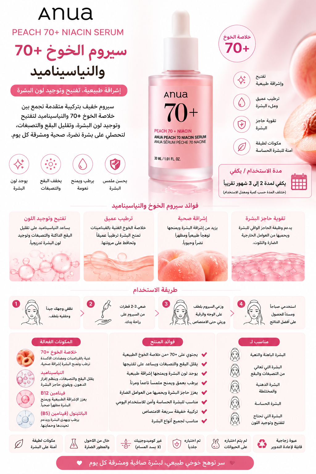 طريقة استخدام ANUA Peach 70% Niacinamide Serum 30ml